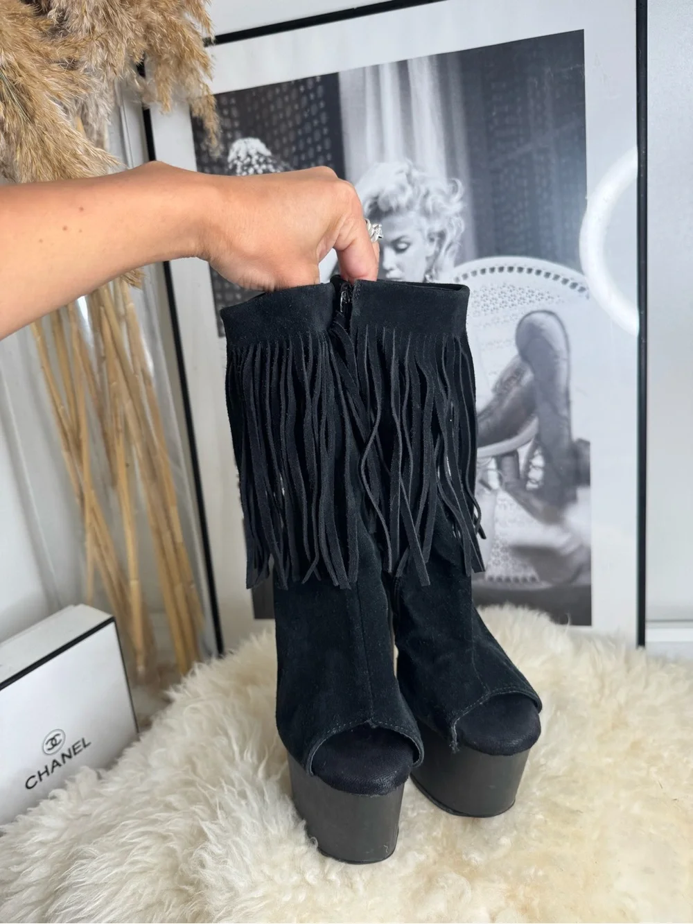 Fringe Peep-Toe Platform Ankle Boots - Black